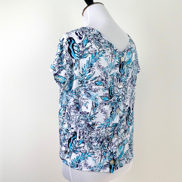 Tahari Size S Linen Slub Knit Tee Button Back Birds Flower Blue White - Picture 4 of 9